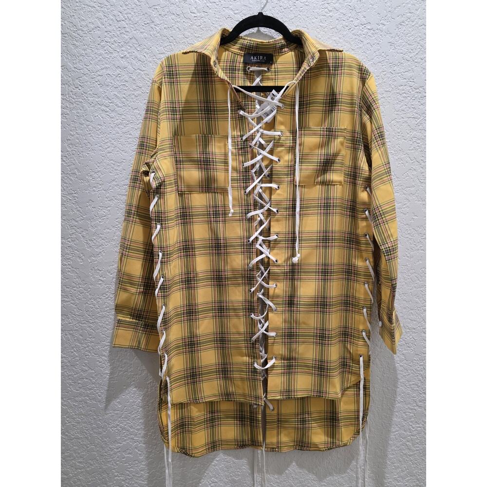 NWT Akira Women's Dress Size S Yellow Plaid Lace Up Mini Goth Mallcore Indie